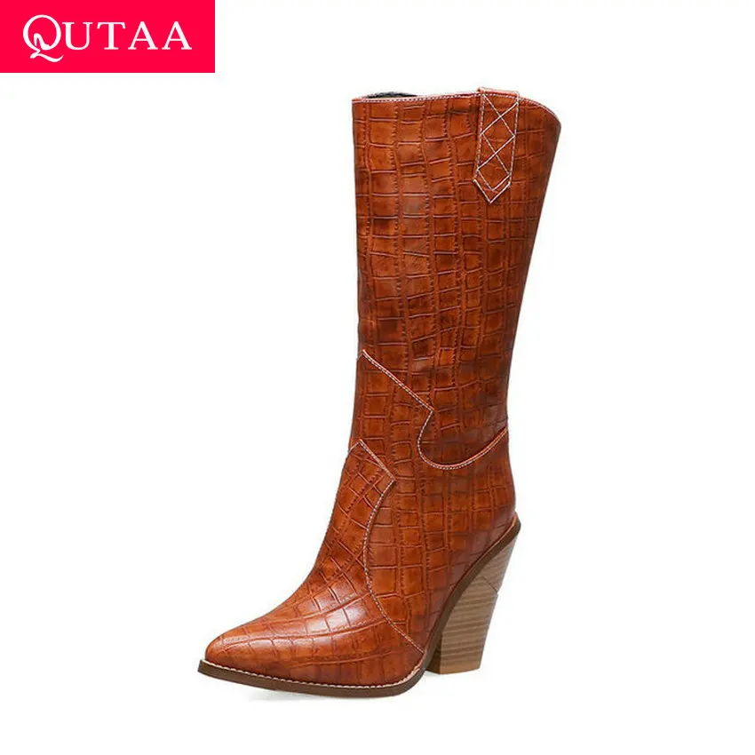 

QUTAA 2020 Fashion Pointed Toe Gold Mid Calf Boots PU Leather Zipper Thick Heel Winter Warm Fur Women Long Boots Size 34-43