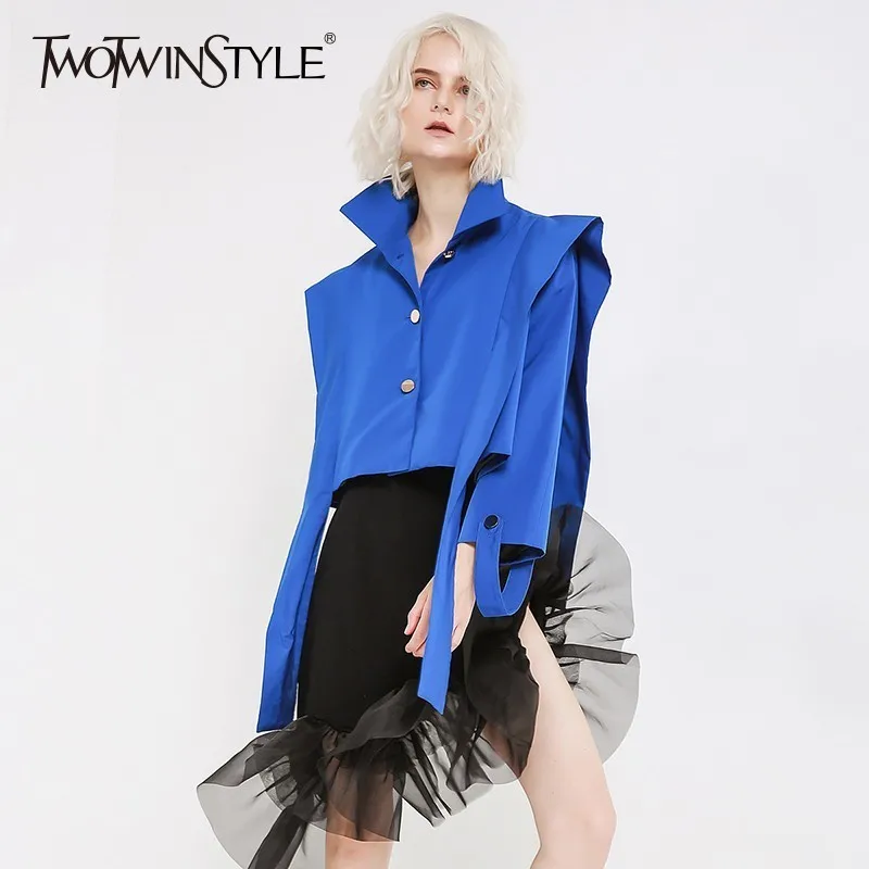 

TWOTWINSTYLE Turtleneck Jacket Women Patchwork Irregular Long Sleeve Women's Coat Harajuku Autumn Fashion 2019 Clothing Crop Top