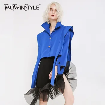 

TWOTWINSTYLE Turtleneck Jacket Women Patchwork Irregular Long Sleeve Women's Coat Harajuku Autumn Fashion 2020 Clothing Crop Top