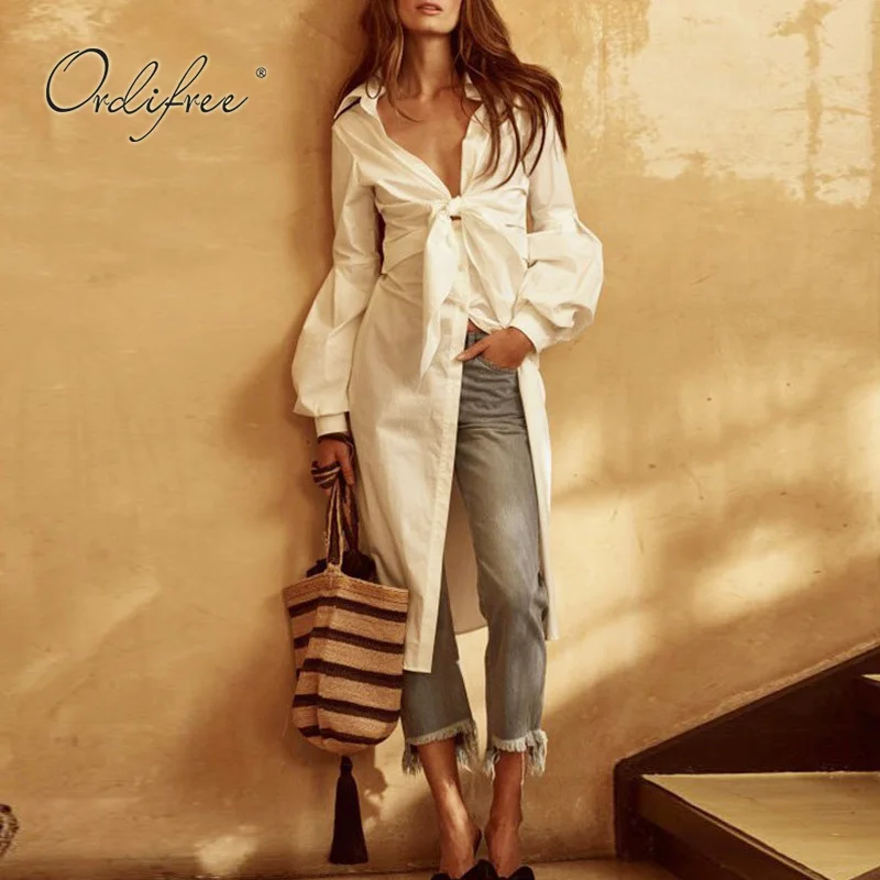 

Ordifree 2019 Summer Women Women Long White Shirt Blouse Long Sleeve Streetwear Bow Blouse Chemise Femme