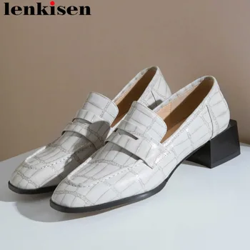 

Lenkisen concise preppy style luxury genuine leather chunky heels slip on vintage square toe dating party daily wear pumps L53