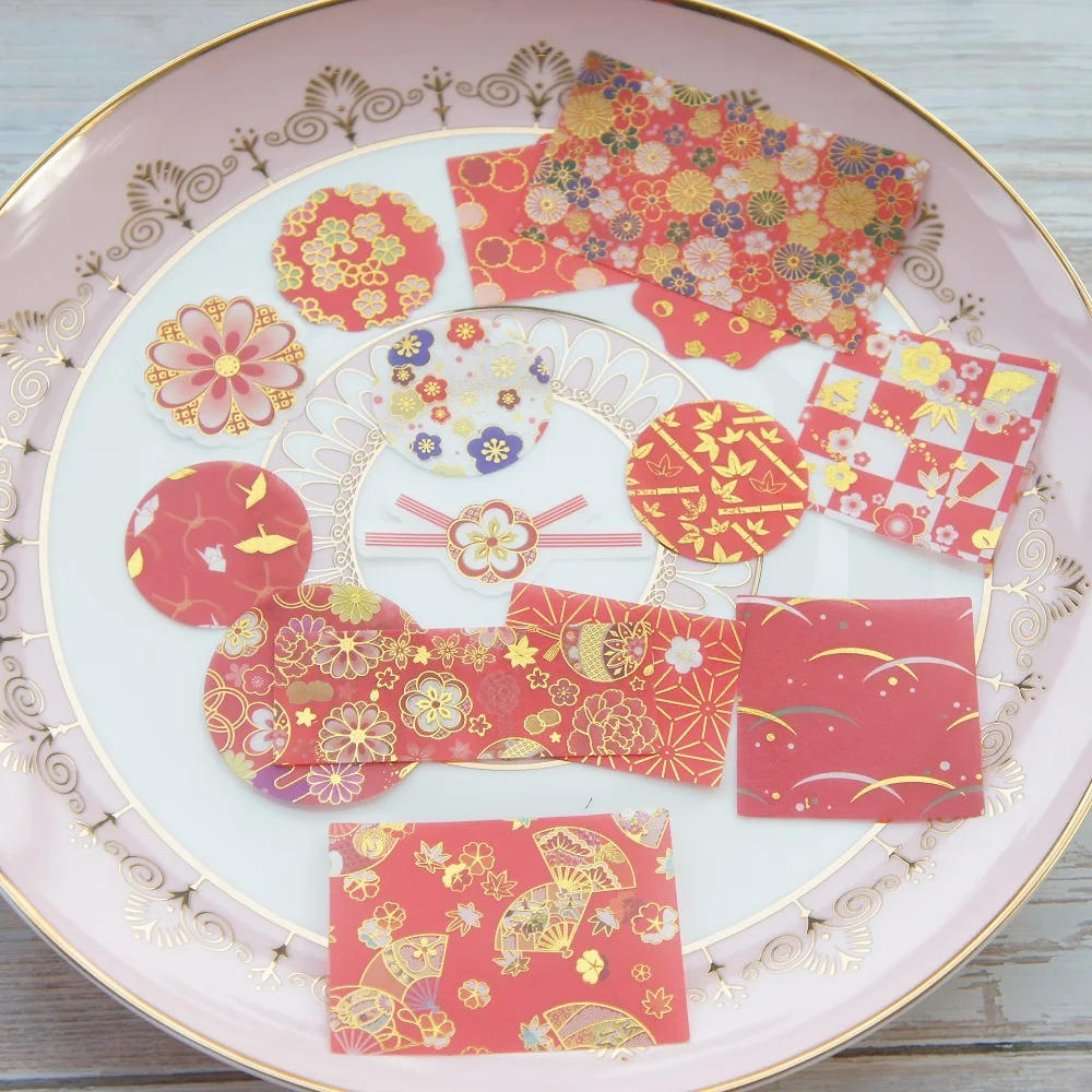 

43pcs gold red fan bird flower Style Paper Sticker Scrapbooking DIY Gift Packing Label Decoration Tag Party Decoration