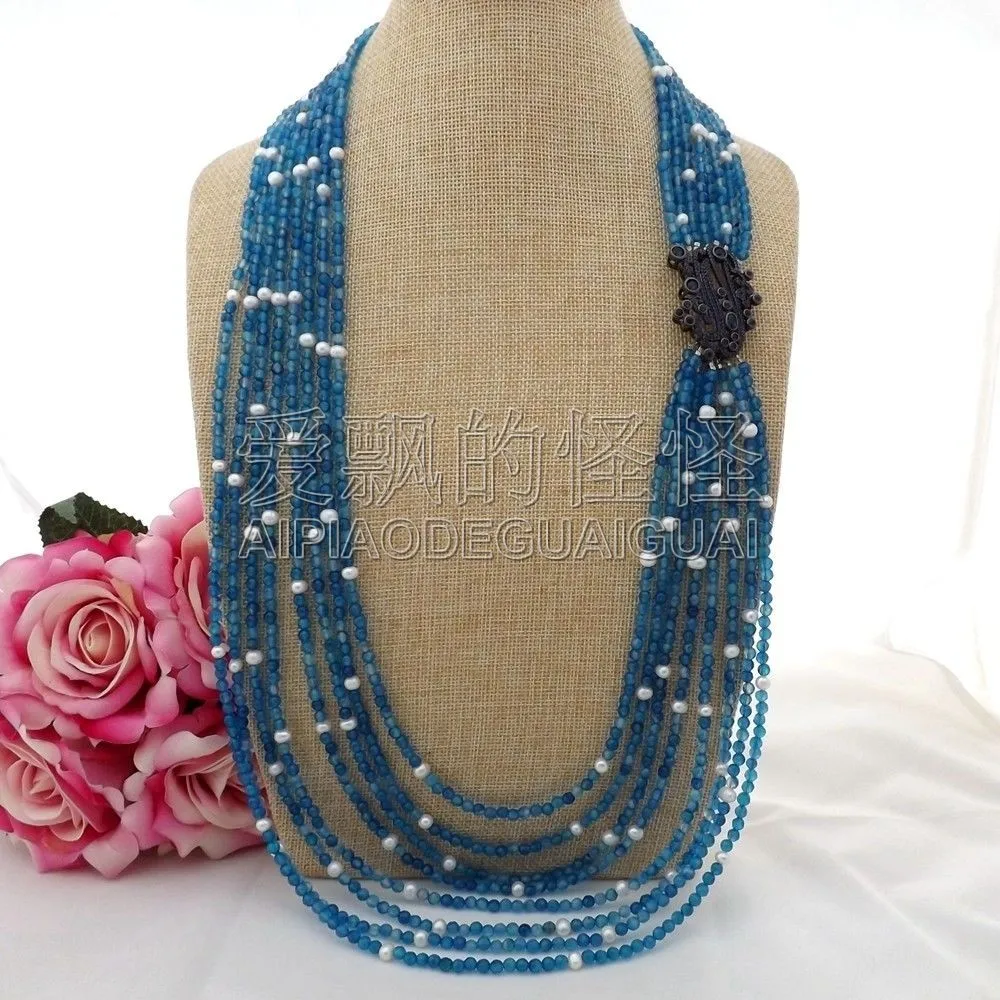 

Women's 28"-34" 8 Strands Faceted Blue White Pearl CZ Necklace