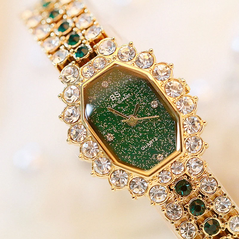 

BS Brand Fashion Watches Women Ladies Diamonds Small Bracelet Watch Green Stone Gold Silver Waterproof Montre