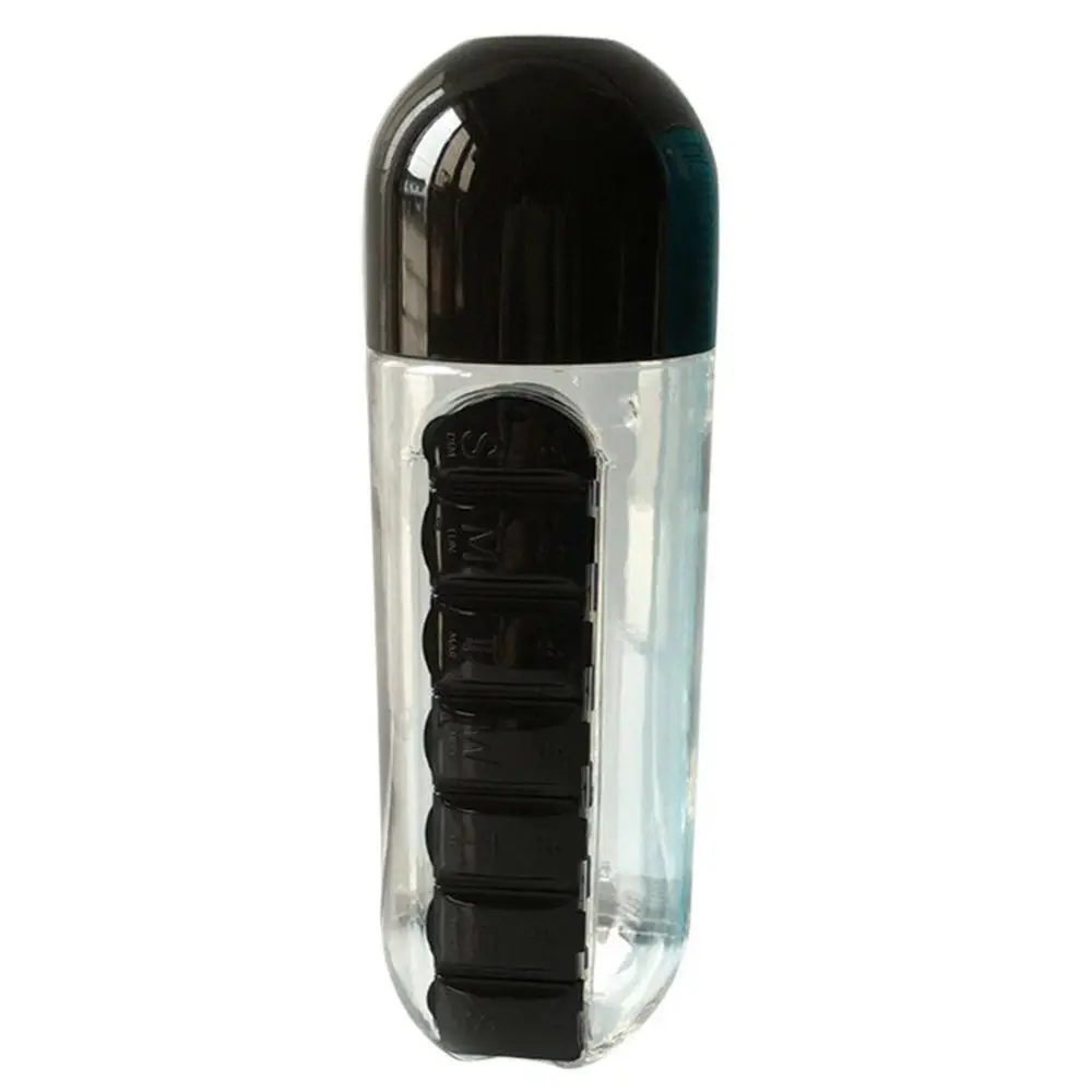 600 мл наружная Спортивная бутылка для воды со встроенным ежедневным 7 ежедневным ящиком для таблеток органайзер для таблеток бутылка для хранения воды - Цвет: Черный