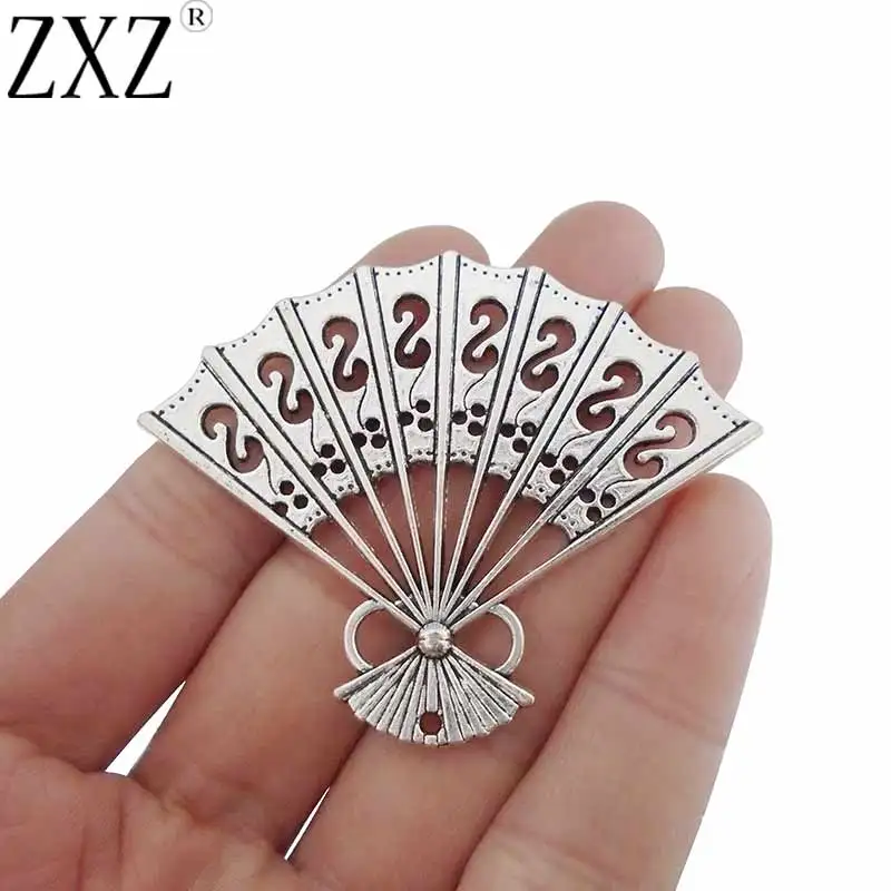 

ZXZ 5pcs Antique Silver Tone Large Chinese Fan Charms Pendants for Necklace Jewelry Making Findings 61x48mm