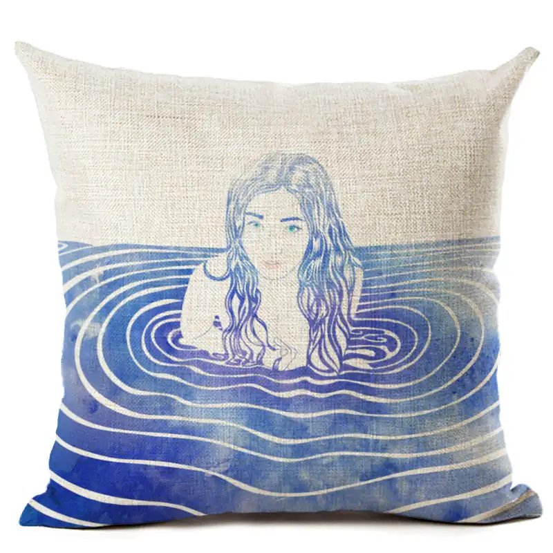 Blue Sea Printed Sexy Zara*Women Cushion Cover Decor Linen Wave Throw Pillow Covers Beauty Girls Pillowcases Funda Cojin 45 * 45
