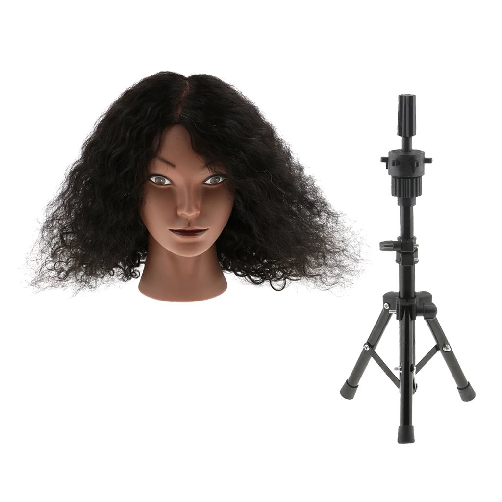 Silicone Cosmetology Practice Training Mannequin Head Human Hair + Tripod Stand Holder for Color Style Cut African American