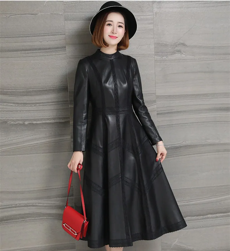 Neuf En Cuir Femmes Coupe Long Véritable Automne vent Noir Survêtement Points Peau De Mouton Veste Manteau Femelle Manches Rétro IY4qxw