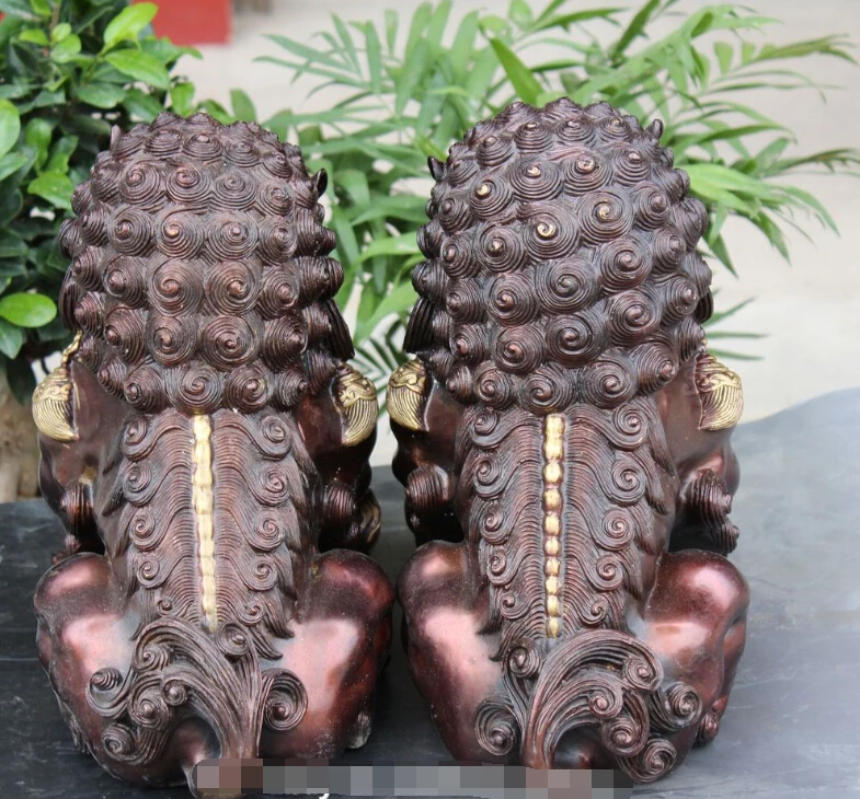 

S0498 12" Chinese Pure Bronze Gilt Foo Fu Dog Guardian Door Lion Leo Ball Statue Pair