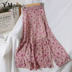 YuooMuoo романтический цветочный принт розовая юбка для женщин с разрезом и высокой талией Миди 2019 Лето Юбка для фестиваля Дамы Boho шифоновая