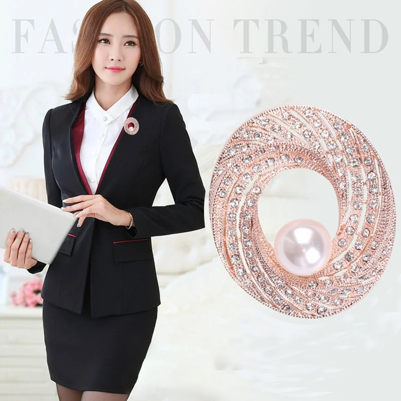 

18Kc Rose Gold Elegant Rhinestone Crystal Lapel Pines Big Single Pearl Hijab Pins Women Party Working Dress Large Brooches