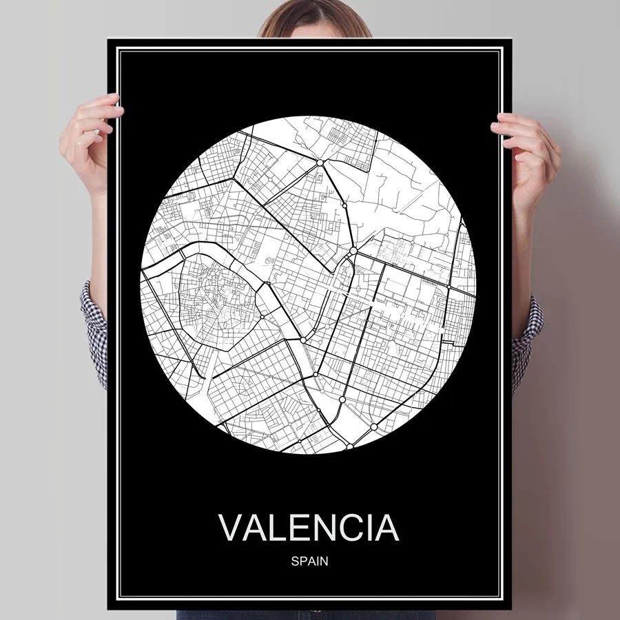 

VALENCIA Spain Black White City Map Print Poster Print on Paper or Canvas Wall Sticker Bar Cafe Living Room Home Decoration