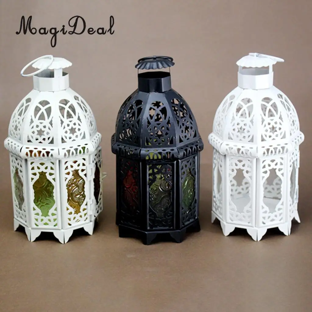 Moroccan Vintage Metal Hollow Glass Moroccan Hanging Tea Light Holder Candle Lantern Xmas Decor