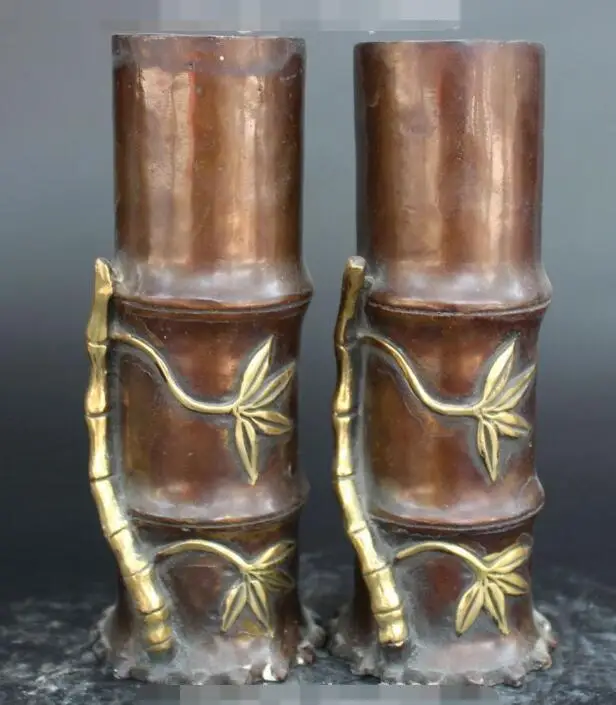 

S01247 7 " Chinese Bronze Gilt Bamboo Pen Container Flower Vase Bottle Pair Statue (A0321)