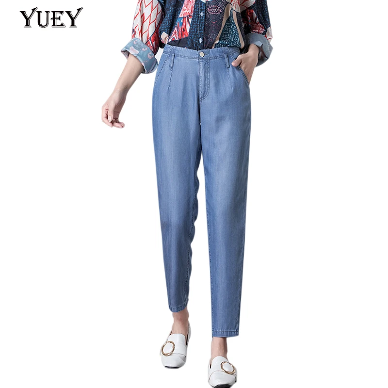 

Female Summer Jeans Ice Silk Tencel Thin Ankle Length Jeans Female Haroun Pants Zipper Feet Stretch Jeans Brand Plus Big Size