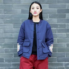 Johnature винтажные зимние куртки с вышивкой, женские куртки с карманами и пуговицами, новинка, теплые куртки из хлопка и льна в китайском стиле