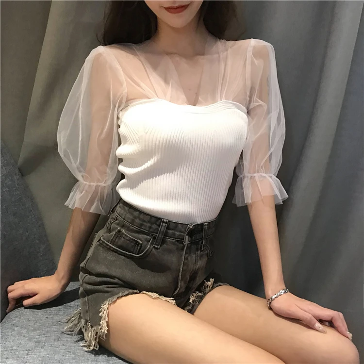 

Summer Knitted Patchwork Mesh Blouses Girls Short Lantern Sleeve Slim Stretchy Blouse Tees For Woman