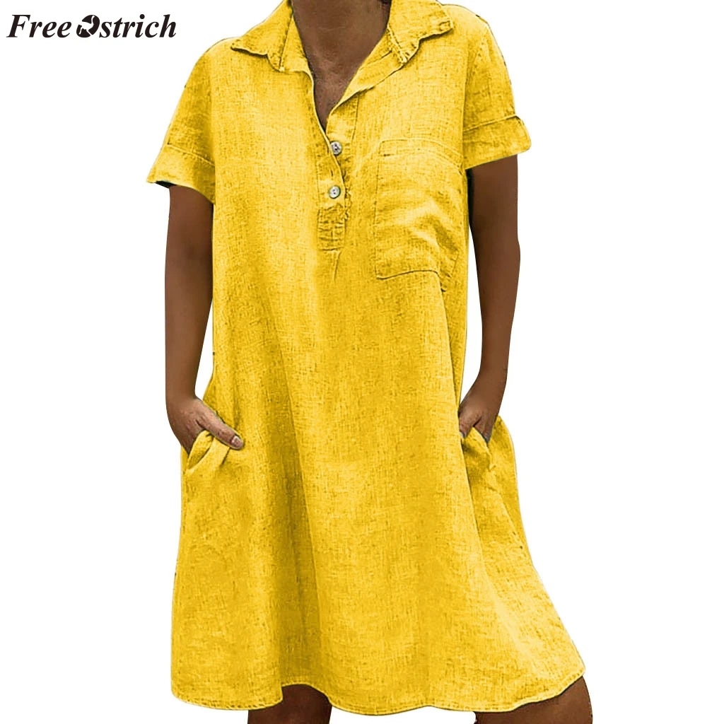 

FREE OSTRICH Solid color large size dress women's trend comfortable O-neck casual solid knee dress sleeve loose party dress