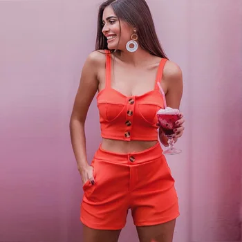 

2019 Summer Sexy Suits Tank Sets Women Solid New Fashion Short Tops + Shorts Button Tracksuits Pocket Women Sets Female Costume