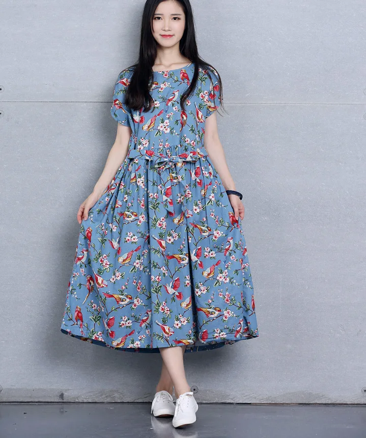 

2019 new summer mori girl Cotton and linen Bird print dress Literary fresh women O-Neck short sleeve Big swing long dress women