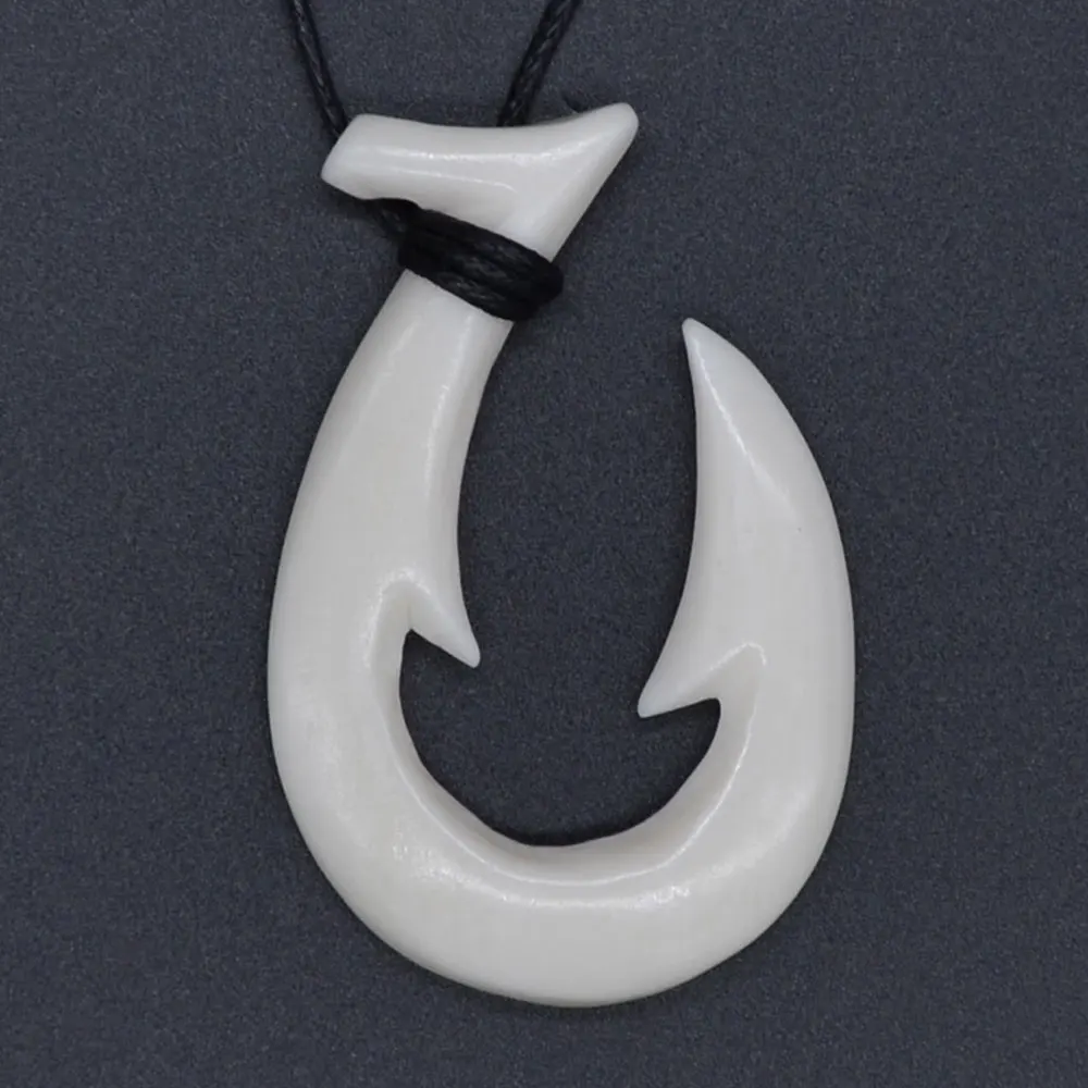 Hawaii Handmade Carved Ox Bone FISH HOOK Pendant Necklace New Tribal