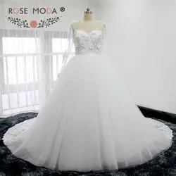 Роза Moda одежда с длинным рукавом пышные Кружево Свадебные платья 3D Цветы See Through Назад Свадебное бальное платье