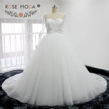 

Rose Moda Long Sleeves Puffy Lace Wedding Dresses 3D Flowers See Through Back Wedding Ball Gown