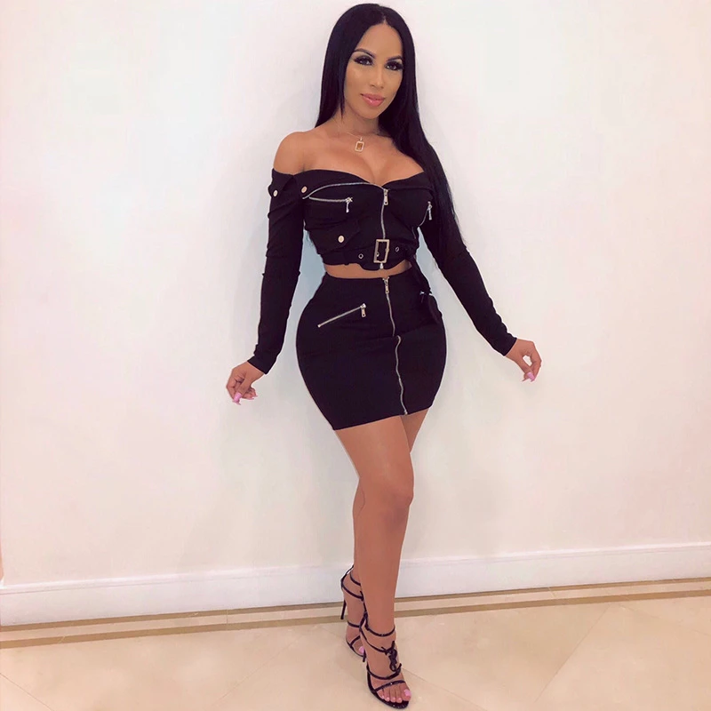 

Fashion Off Shoulder Two Piece Set Bandage Long Sleeve Top And Dresses Sets Summer Bodycon Dress Sets 2Piece Set Women Outfits