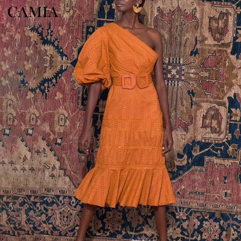 

CAMIA Summer Women's Off-Shoulder Dress Puff Sleeve Cutout Lace High Waist Midi Dress