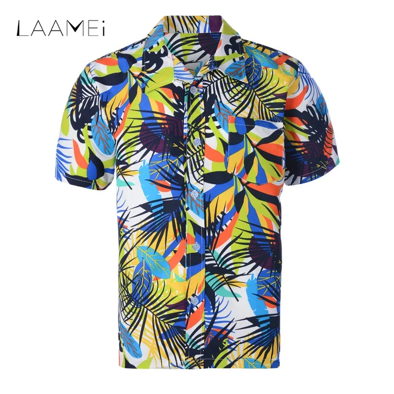 Laamei Summer Style Palm Tree Print Beach Hawaiian Shirt