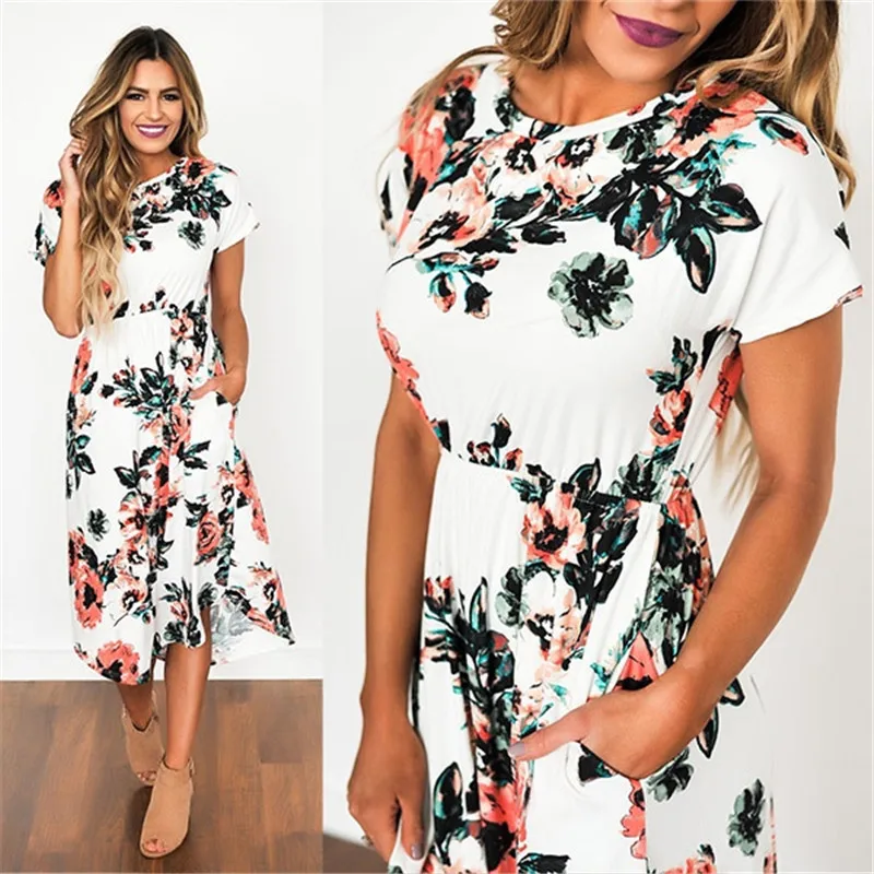 2019 Beach Summer Dress Floral Print Boho Style Short Sleeve Women