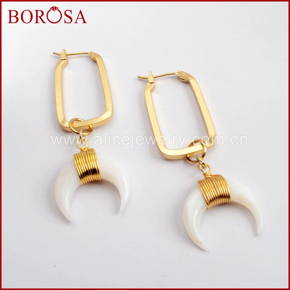 

BOROSA 5Pairs Gold Color Natural White Shell Rectangle Drop Earring Jewelry, New Natural Shell Charm Earring for Women G1591