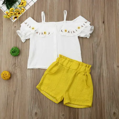 Toddler Baby Girls Outfits Off-Shoulder Button Up Strappy Shirt + Front Pockets Yellow Shorts Infant Clothe Sets 3-8T Toddler Baby Girls Outfits Off-Shoulder Button Up Strappy Shirt + Front Pockets Yellow Shorts Infant Clothe Sets 3-8T