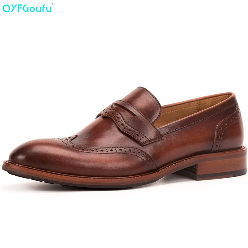

QYFCIOUFU New Fashion Man Casual Party Shoes Men's Slip-on Oxfords Dress Shoe Mens Genuine Leather Business Office Wedding Shoes