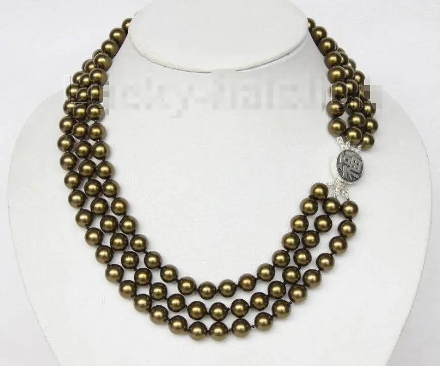

Hot sale new Style >>>>>16" 3row 8mm round dark green sea shell pearls necklace 925 silver clasp j9582
