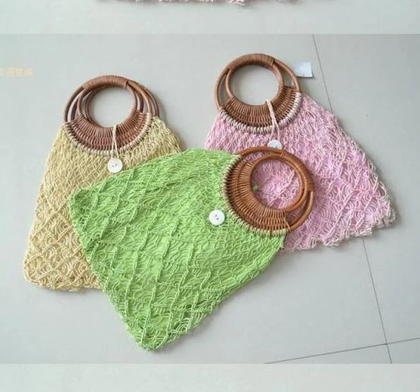 

40X47CM Manufacturers selling soft thin twine knitting female bag by hand The cane makes up the handle A2326
