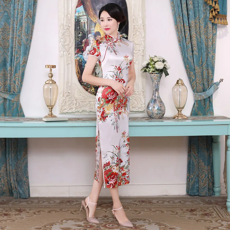 Белый китайский Для женщин Qipao Плюс Размеры 3XL Vantage с цветочным принтом Cheongsam пятно облегающие длинные платья Элегантный женский китайское платье - изображение