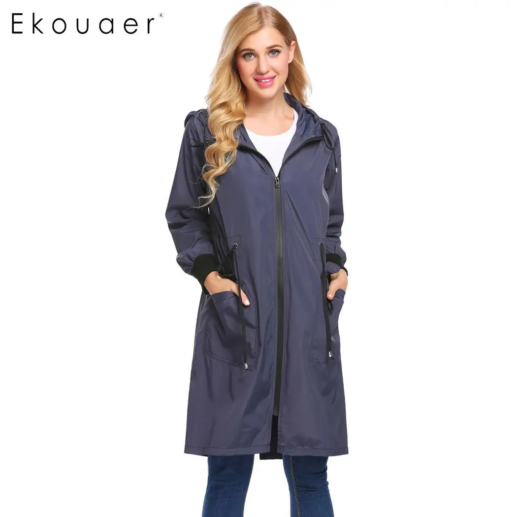 Ekouaer Женская длинная куртка с капюшоном с длинным рукавом легкая водонепроницаемая дождевая куртка, дождевик Женская модная верхняя одежда - Цвет: navy blue