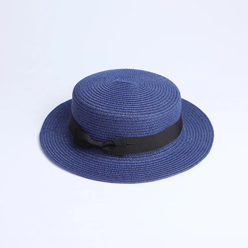 2019 Parent-child wholesale sun flat straw hat boater hat girls bow summer Hats For Women kid and Beach flat panama straw hat
