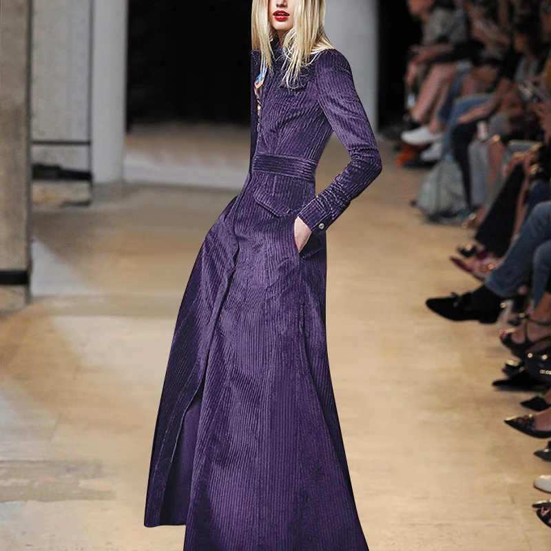 

Women sexy purple long dress long sleeve single breasted ankle length a-line dresses new 2019 spring runway brand heavy