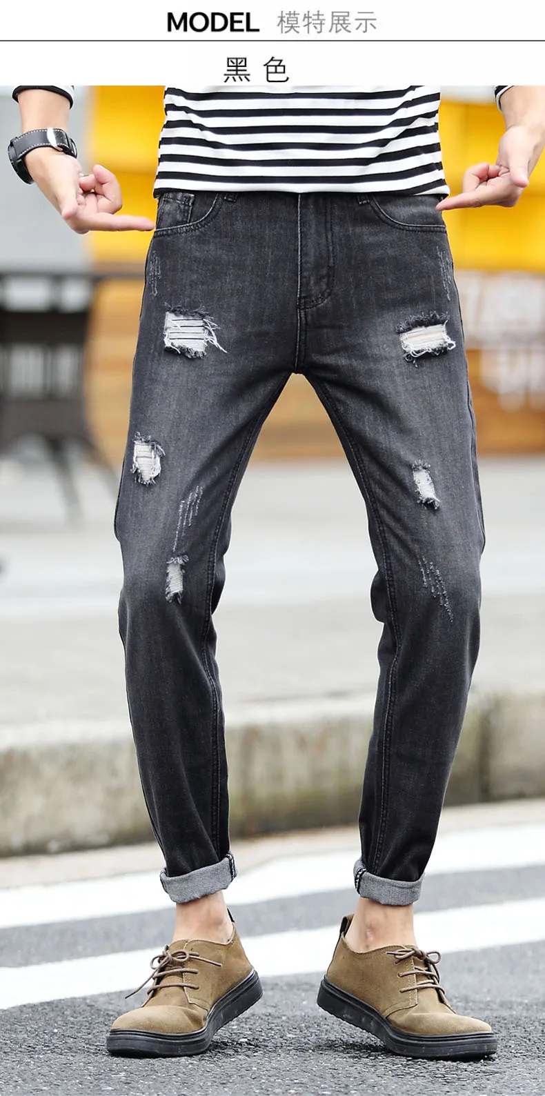 Для мужчин джинсы Slim Fit джинсы отверстия Штаны талии хип-хоп классический синий качества брюки-рваные Штаны
