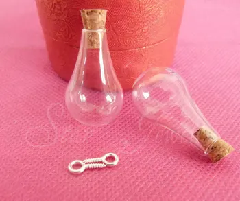 

30pcs/lot 20*27mm Round waterdrop shape clear glass bottle with cork with eyehook for DIY charm necklace