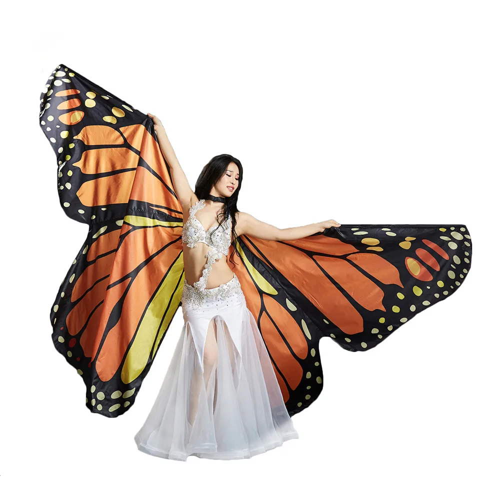 Женская танцевальная одежда для выступлений, реквизит для сцены, накидка из полиэстера, накидка для танцев, крылья феи, крылья бабочки для танца живота(с палочками - Цвет: Orange for adult