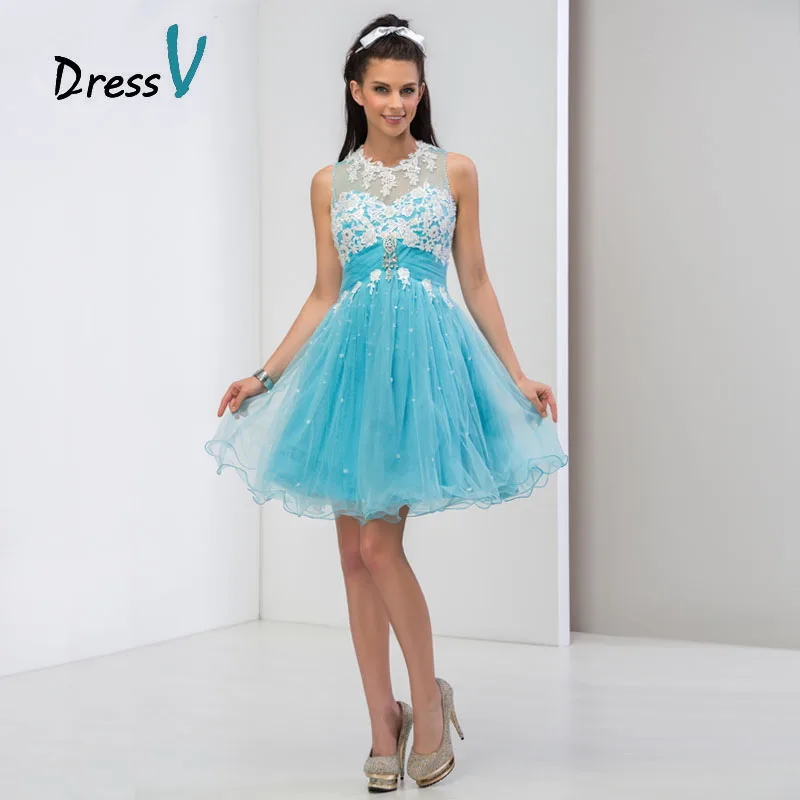 Gorgeous Light Blue Tulle Short Homecoming Dresses 2017 Applique Beads