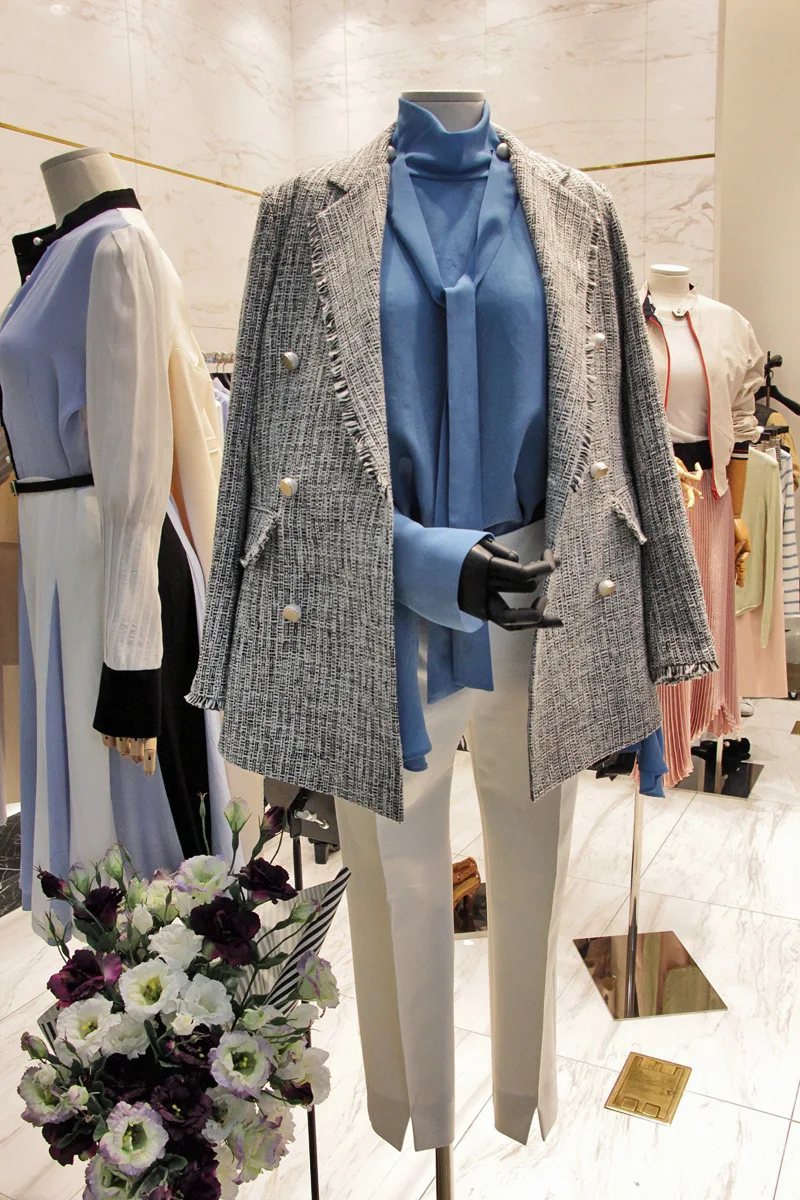 Spring  Autumn New Korean Version Small Fragrance Wind Coat Stripes Classic Double-breasted Long Female Small Women's Blazers