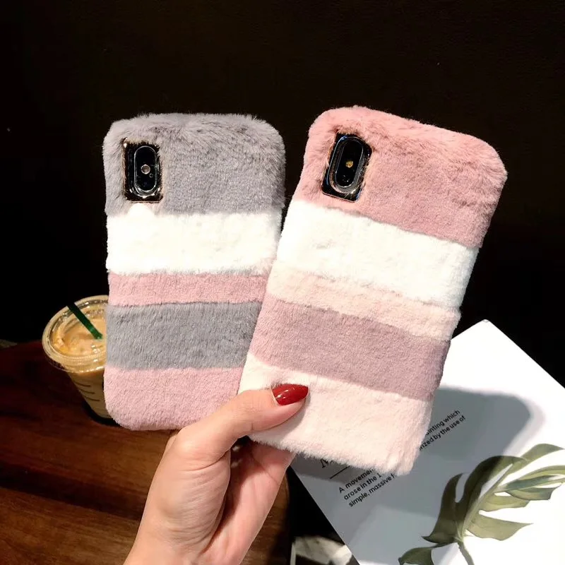 Girl Cute Rabbit Fur Plush Case For iPhone X XS 6S 7 8 Plus Silicone Winter Warm Back Cover Case For iPhone XS Max Fourrure Case (6)