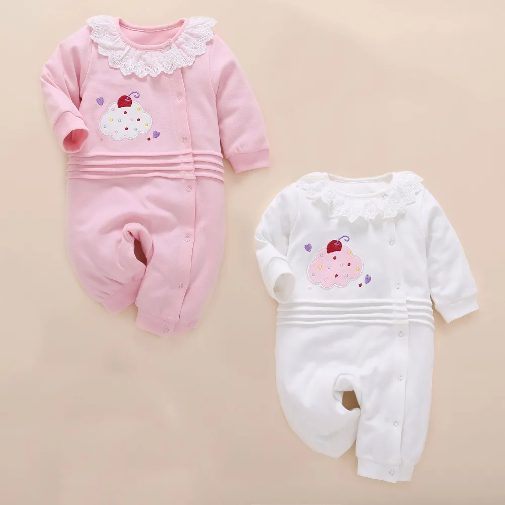 2017 cute infant baby rompers newborn kids long sleeve cotton baby girl clothes pink lace autumn