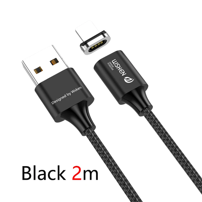 Black 2m Магнитный кабель WSKEN X2 для iPhone, зарядное устройство, Магнитный зарядный кабель usb type C, 3 А, кабель Micro USB type C, кабель USB C, адаптер провода - Цвет: Black 2m