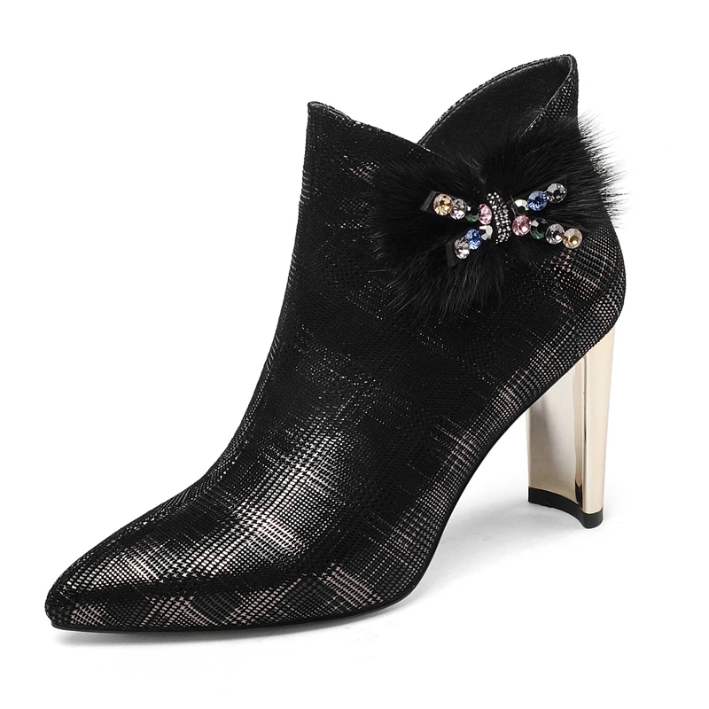 

Motorcycle Ankle Women Boots Pointed Toe Zip Footwear High Heel Female Boot Leather Shoes Woman 2019 With Rhinestone DR-A0043